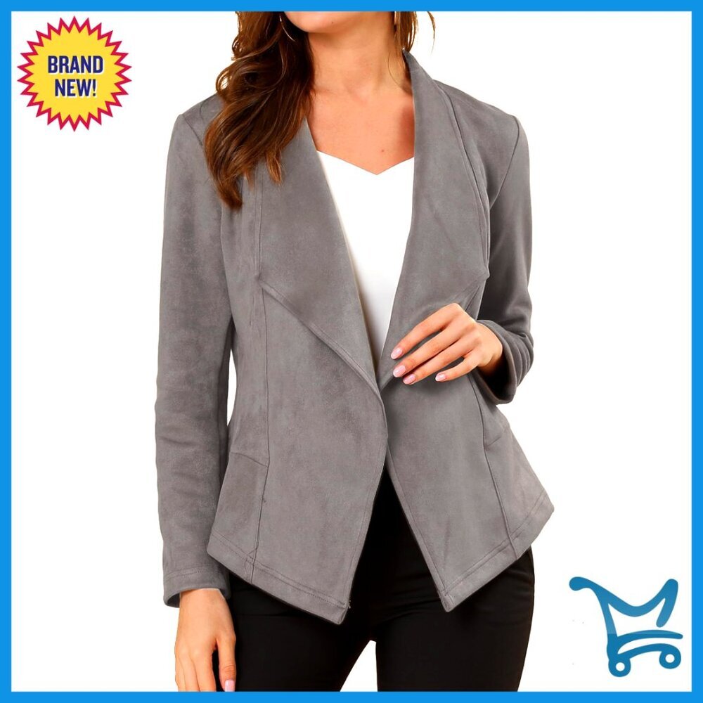 Faux Suede Blazer Cardigan Open Front Draped Lapel Relaxed Fit